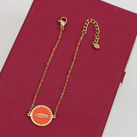 Gold Plated Yellow Bracelet with Orange Leaf Charm, Adjustable Size, XPBL0629 - Picture 9 of 12